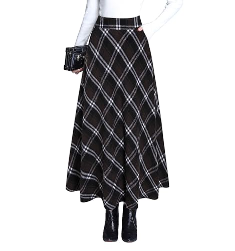 Jupe longue femme hiver en laine marron à carreaux et taille haute élastique fluide élégante A-line