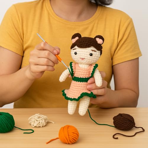 Image of Sutra Handmade Crochet Doll in Peach & Green Dress | Wool Amigurumi Soft Toy | Handmade Gift for Kids, Nursery & Home Decor