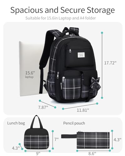 Image of Black Backpack 3 packs for Girls, Cute Teenage Bookbag with Lunch Box for Women Middle School Highschool College Student Mochila Universitaria para Mujer