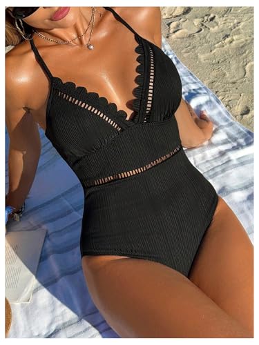 SweatyRocks Women's Scalloped One Piece Bathing Suit Crisscross Tummy Control Swimsuit3