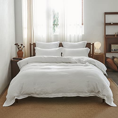 Simple&Opulence 100% Washed Linen Duvet Cover Set with Embroidered,Queen Size(88"x92"),3 Pieces Soft Breathable Comforter Set with Button Closure,1 Duvet Cover and 2 Pillowshams (Natural White) by Simple&Opulence - Image 2