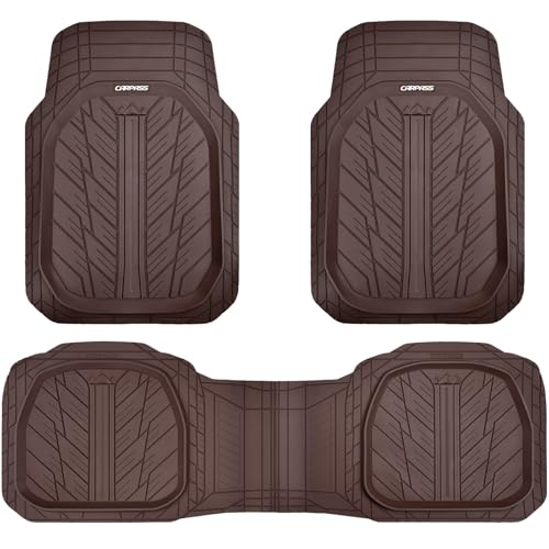 CAR PASS DeepDish Floor Mats for Cars Full Set,Heavy Duty Rubber Car Mats 3-Piece,Universal Waterproof Trim-to Fit Automotive Floor Mats for Truck Van SUV, Durable All-Weather Car Mats(Solid Browm)