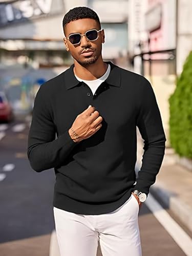 Image of TYSORT Men's Knitted Polo Sweater Casual Full Sleeve Pullover Sweater with Button Collar