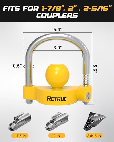 Image of RETRUE Universal Coupler Lock Trailer Locks Ball Hitch Trailer Hitch Lock Adjustable Security Heavy-Duty Steel Fits 1-7 /8 Inch, 2 Inch, 2-5 /16 Inch Couplers, Bright Yellow, Light Weight