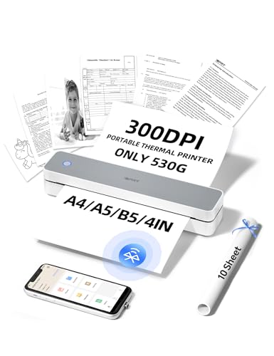 iDPRT MT610pro Portable Thermal Printer for Travel, 300DPi A4 Small Wireless Printer for Office, Homework, Study, Notes with 300DPI Density, Compatible with iOS, Android, Tablet & Laptop- White