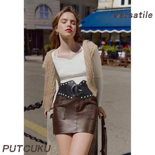 Women's Wide Waist Belt Vintage Elastic Waistband O Ring Buckle Leather Belts for Jeans Dresses3