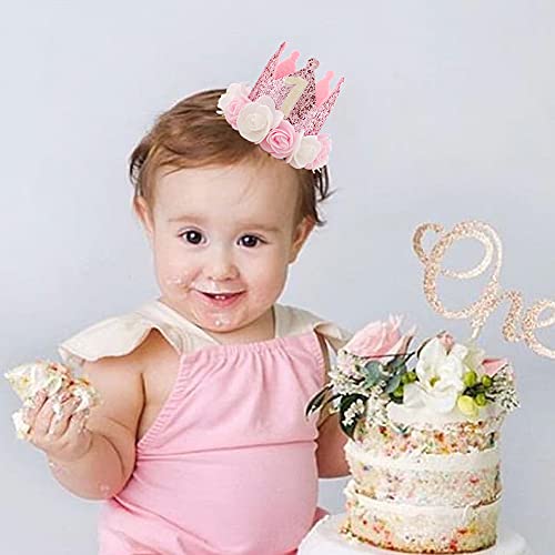 Kbrand Hat First Birthday 1St For Baby Girl Decoration Gifts Rose Gold Baby Pink Party Crown One Year Old Flowers Princess Pink 3Inch #TOP6
