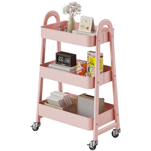 Image of DUMOS 3 Tiers Rolling Cart, Utility Cart, Metal, Pink
