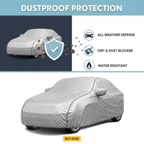 Image of Car Cover for Maruti Celerio All Model & Years (2014-2024) 100% Waterproof with Mirror Pockets, Triple Stitched Bottom Elastic Dustproof Full Body Protection Heat & UV Resistant-Silver