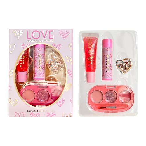 iBi Makeup 4-Piece Heart Charm Beauty Bundle - Squeeze Gloss and Lip Care and Make up Set for Girls, Unicorn Jewelry Gift Set for Teens