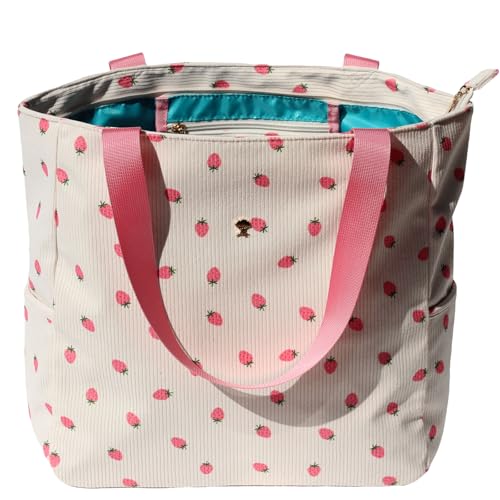 ESVAN Original Floral Water Resistant Large Tote Bag Shoulder Bag for Gym Beach Travel Daily Bags Upgraded (Corduroy Pink strawberry)