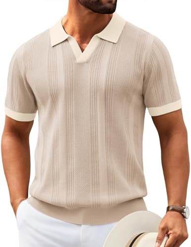 Image of COOFANDY Mens Knit Polo Shirts V Neck Textured Polo Shirts Short Sleeve Breathable Polo Casual Collared T Shirt Fashion Tops