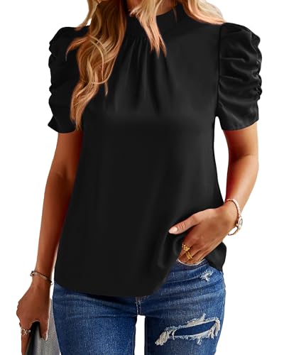 BTFBM Womens Tops Dressy Casual Mock Neck Puff Short Sleeve Shirts Back Tie Business Work Blouses Summer Fall 2025