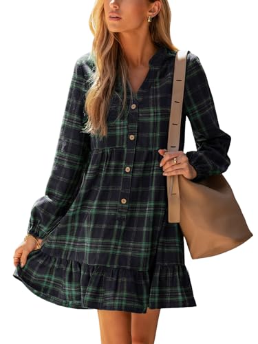 CUPSHE Damen Kleid Kariertes V-Ausschnitt Langarm Freizeitkleid Tunika A-Linie Minikleid mit Knopfleiste Rüschen Saum Grün XL