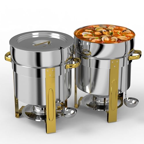 Soup Chafing Dishes for Buffet 2 Pack, 11QT Round Soup Warmers Set Stainless Steel Buffet Food Warmers Sets for Catering Events Parties Dinners with Complete Set,Gold (Gold and Silver)