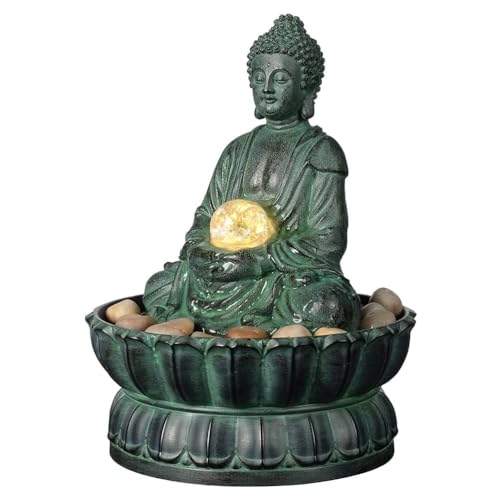 Fuente de mesa de interior de Buda exquisita estatua de meditación sentada, fuente de agua decorativa para escritorio, fuente zen con bola rodante de vidrio/LED/piedra para oficina/hogar/decoración de