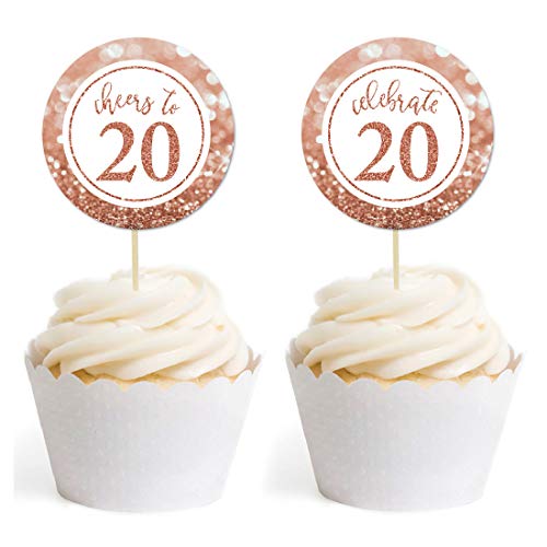 Andaz Press Glitzy Faux Rose Gold Glitter Round DIY Cupcake Toppers, Cheers to 20 Years, 20th Birthday or Anniversary, 20-Pack, Cake Dessert Party Decor