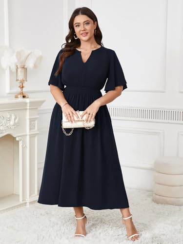 Image of Women's Plus Size Dress for Women Wedding Guest Cocktail Smocked Ruffle Short Sleeve V Neck Flowy Maxi Dresses
