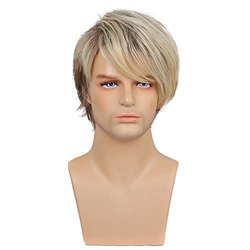 Mens Short Wig Layered Blonde Male Wig Synthetic Hair Wigs Heat Resistant Cosplay Halloween Party With Wig Cap #TOP1