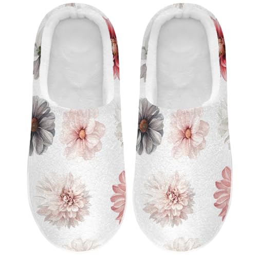 JUNZAN Vintage Dahlia White Women Home Cotton Slippers Winter Memory Foam Guest Slippers for Spa Birthday Presents 6-7