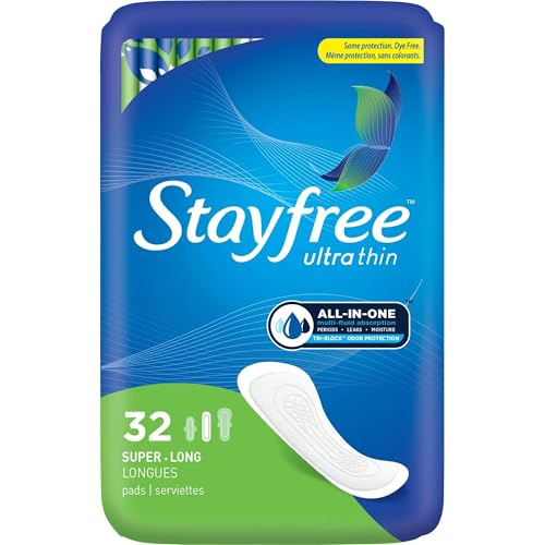 Stayfree Ultra Thin Long Super Pads Without Wings, 32 Count, Multi-Fluid Protection for Up to 8 Hours, with Odor Neutralizer