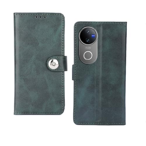 Image of Inktree Vivo V50 5G Flip Cover | Leather Finish | Complete Protection Flip Case for Vivo V50 5G - Green Button