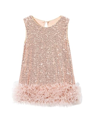 KARETT Girls Sequin Dress for Toddler Sleeveless A-Line Party Sparkly Gown with Multi-Layered Wavy Mesh for Holiday Birthday Pageant Champagne 4-5T