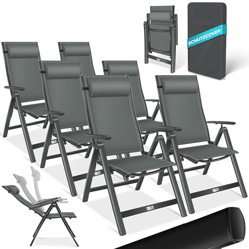 KESSER® Gartenstuhl Hochlehner mit Armlehnen 6er Set Aluminium Klappstuhl mit Kopfkissen & Abdeckung Campingstuhl 7-Fach Verstellbar Rückenlehne Atmungsaktiv Wetterfest Klappbar Anti-Rutsch, Anthrazit