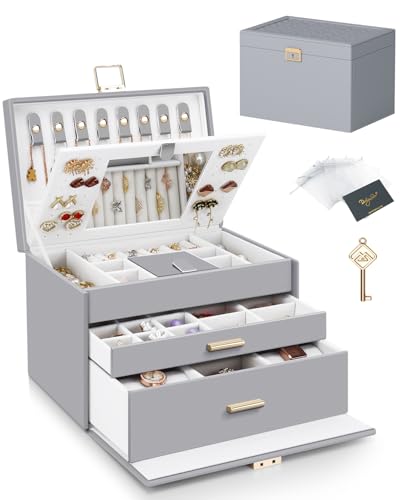 Image of DesignSter Jewellery Box with 2 Drawers, 3 Layers Lockable Jewellery Organiser with Mirror, Large Leather Jewellery Storage Case for Earring Necklace Ring Bracelet, Grey