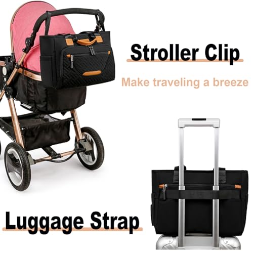 Image of FHELAD Diaper Bag Tote for Women, Baby Diaper Bag 16L (Black) | 5 Insulated Pockets, Stroller Clip, 15.6 Inch Laptop Compartment, Detachable Shoulder Strap