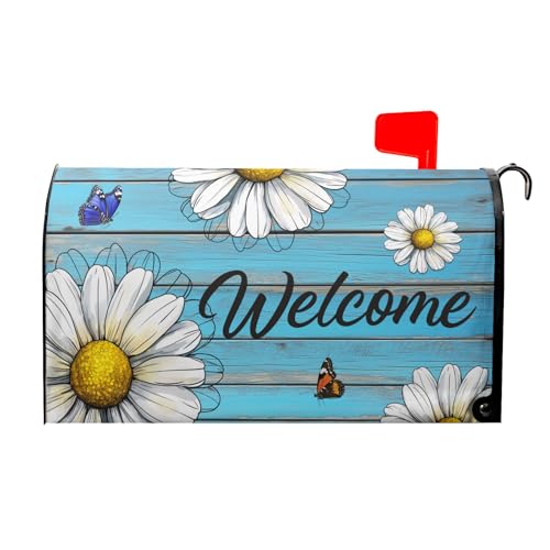 Spring Summer Daisy Flowers Mailbox Cover Magnetic Large Size 25x21 Inch Vintage Spring Floral Mailbox Cover Rustic Teal Old Wood Board Mailbox Decals Mailbox Wrap Post Letter Box Cover for House