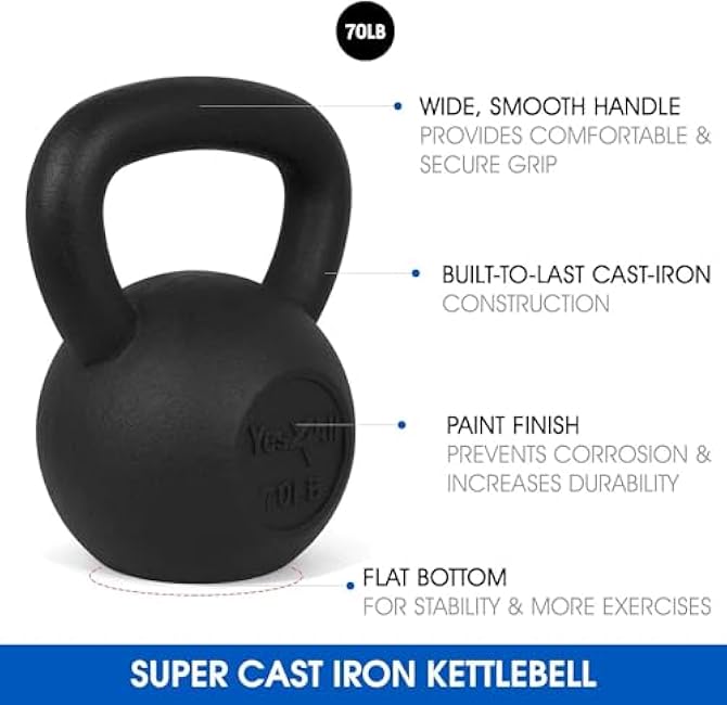 Yes4All 70 lbs Kettlebell Heavy Cast Iron Solid Smooth Handle Weights for Women/Men, Strength Training Equipment