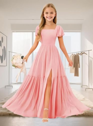 Topsta Junior Bridesmaid Dresses with Slit Chiffon Fultter Sleeve A Line Flower Girl Dress for Wedding Party3