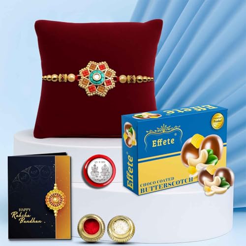 Image of DeoDap Multicolour Rakhi for Brother with 32 g Butterscotch Chocolate, Silver Colour Pooja Coin and Greeting Card for Raksha Bandhan