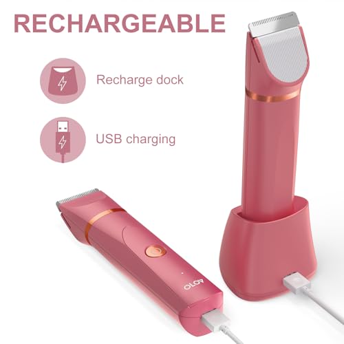 Image of OLOV Electric Body Hair Trimmer - Groin Trimmer for Men - Bikini Trimmer Women - Wet /Dry Shaver Groomer, Replaceable Ceramic Blade Heads, USB Recharge Dock, Waterproof Hygiene Razor, Red