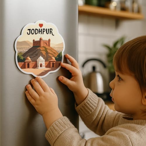Image of Naxon Jodhpur Wooden Fridge Magnet | Mehrangarh Fort & Blue City Decorative Souvenir | Rajasthan Travel Gift & Kitchen Decor (3x3 Inch, Multicolor) | Pack of 1