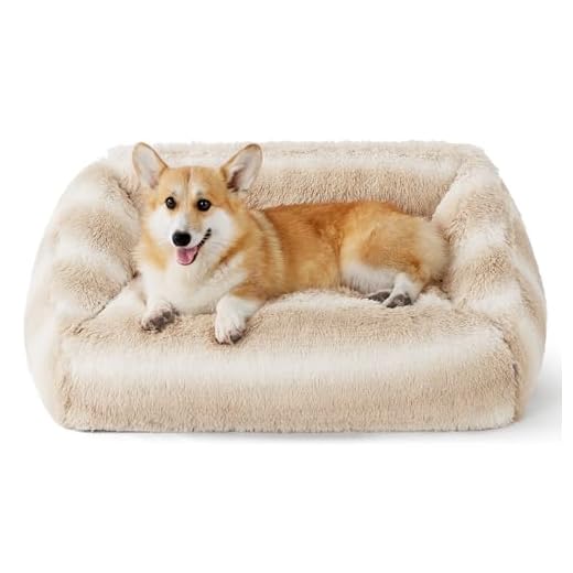 LE SURE Dog Bed Medium Size - Cute Furry Calming Puppy Beds, Rectangle Washable Indoor Pet Beds with Removable Zipper Cover, 35x25x11inches, Beige Stripe
