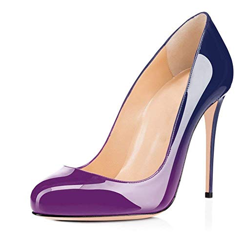 Fericzot Women's Party Stiletto Heels Sexy Round Toe Pumps Slip On High Heel Pumps Classics Pumps Basic Shoes Plus Size Purple Blue-Patent 12