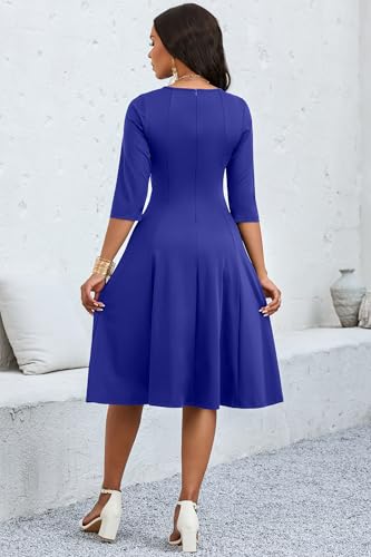 Image of CLOCOR Casual Midi Dresses for Women A-Line Fit and Flare Elegant Church 3 /4 Sleeve Crew Neck Dress with Pocket