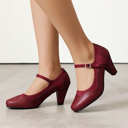 Elerhythm Women's Mary Jane Classic and Retro 1920s Pump Heels Gatsby Oxford Pattern 1950s Pinup Vintage Round Closed Toe 1940s Ankle Strap Dress Shoes4