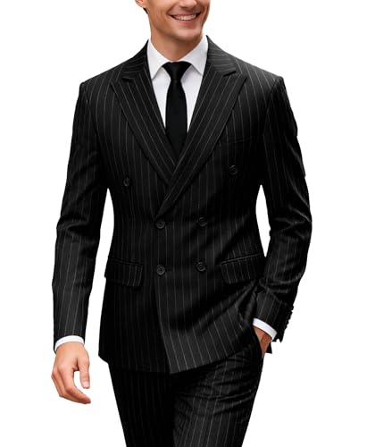 Image of UNINUKOO Men's Suits 2 Piece Pinstripe Double Breasted Tuxedo Suit for Men Slim Fit Formal Dress Blazer Jacket Pants, Black, L