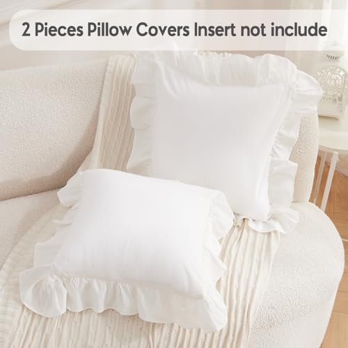 White Ruffle Throw Pillow Covers 18x18 inches, 2 Pack 100% Washed Cotton Farmhouse Pillow Shams, White Throw Pillow Cases for Couch, Living Room and Bed, Farmhouse Pillowcases