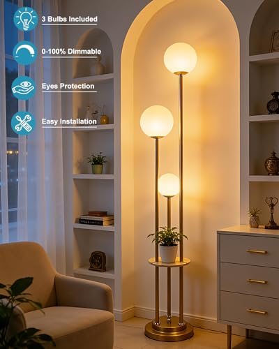 Image of Lightdot Gold Floor Lamp 3-Lights Dimmable Floor Lamps with Tray 3000K Bulbs Included Unique Modern Tall Standing Lamp for Living Room /Bedroom /Sofa Beside /Corner Decor