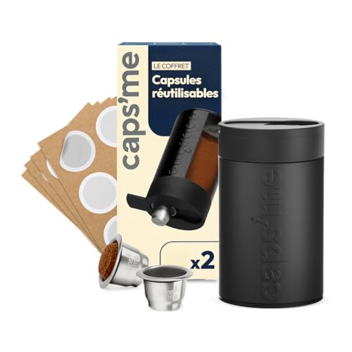 CAPSME - Kit Capsules Réutilisables Rechargeables Compatibles avec Nespresso Original, (2 Dosettes en Inox + 48 Couvercle Opercules en Papier)