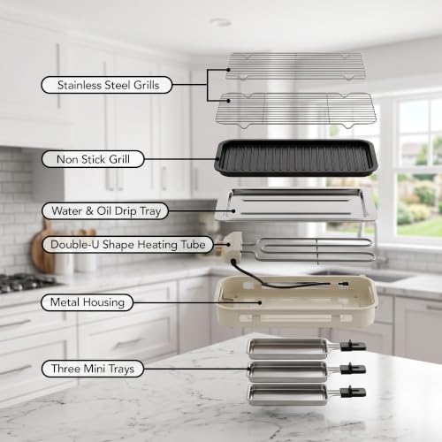 Image of OVENTE 2-in-1 Electric Indoor Grill Non-Stick Cooking Plate, Beige BQR1502B | 1500W Smokeless Korean BBQ Griddle with, 3 Raclette Cheese Pans, Adjustable Temperature Control, Dishwasher Safe