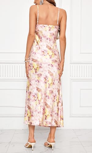Image of Wedding Guest Dress for Women Spaghetti Strap Satin Slip Dresses | Slit Midi Dress, Cowl Neck, Cocktail, Formal, Evening Party