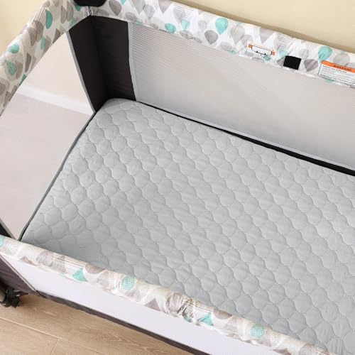 Image of david's kids 2 Pack 38''x25'' Waterproof Mini Crib Mattress Protector, Fitted Pack N Play, Playard and Mini Crib Mattresses, Ultra Soft Breathable Pad Cover for Boys Girls Neutral, Grey & Sage Green