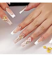 Press on Nails Long Coffin,Butterfly Press on Nails, white french tip press on nails, coffin pres...