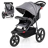 BABY JOY Jogging Stroller, Foldable Jogger Stroller with Adjustable Canopy & Backrest, Air-Filled Tires, Child & Parent Tray, Cup Holders, Storage Basket, Running Stroller for Babies Toddlers (Gray)