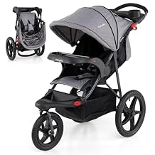 BABY JOY Jogging Stroller, Foldable Jogger Stroller with Adjustable Canopy & Backrest, Air-Filled Tires, Child & Parent Tray, Cup Holders, Storage Basket, Running Stroller for Babies Toddlers Gray